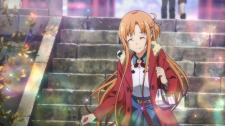 Asuna - pretty, anime, kawaii, female, long hair, happy, yuuki, staircase, sword art online, sao, nice, smiling, anime girl, asuna, beautiful, girl, yuuki asuna, beauty, lovely, brown hair, sweet, smile, asuna yuuki, cute, stair, adorable