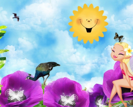 Cute little fairy with flowers - smiles, purple, blue, sun