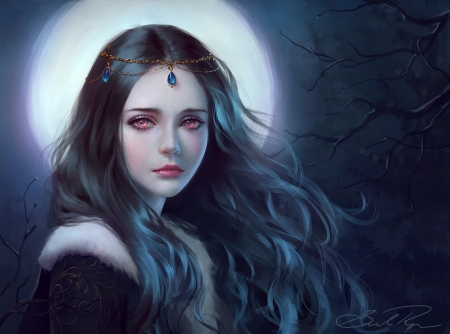 Moonlight Shine - eyes, great, black hair, cgi, dark, lady, long hair, good, lonely, beautiful, 3d, pink, sweet, woman, nice, realistic, beauty, female, fantasy, angelic, gorgeous, pretty, full moon, amour, scene, splendid, maiden, moon, girl, sad, night, lovely, cg, hd, abstract, red, sublime, scenery, awesome, adore