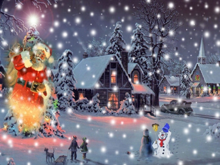 Animated Snowy - house, santa, trees, winter, snowing