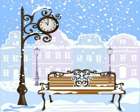 Winter - winter, clock, bench, time