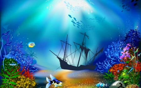 Underwater Ship - corals, fishes, ship, underwater