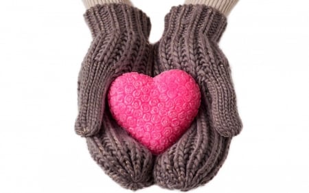 Love for winter - white, brown, pink, hand, heart, gloves