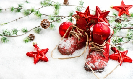 Merry Christmas! - winter, ball, deco, christmas, white, star, snow, red, globe, green, shoes