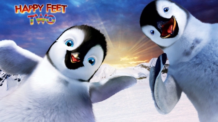 Happy Feet Two (2011) - couple, movie, happy feet two, winter, penguin, fantasy, animation, black, white, snow, blue