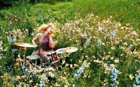 Cate Blanchett - summer, drums, flower, actress, music, green, woman, Cate Blanchett, field