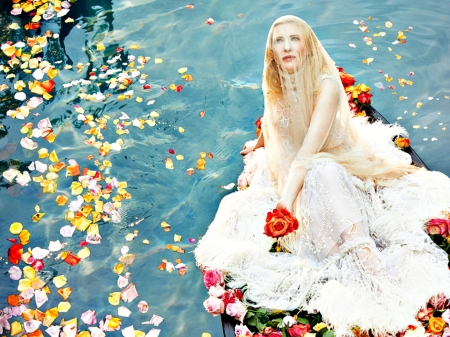 Cate Blanchett - flower, water, boat, actress, veil, cate blanchett, bride, blue, white, petals, woman