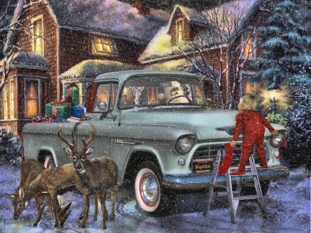 Santa Got Caught - truck, christmas, santa, deer