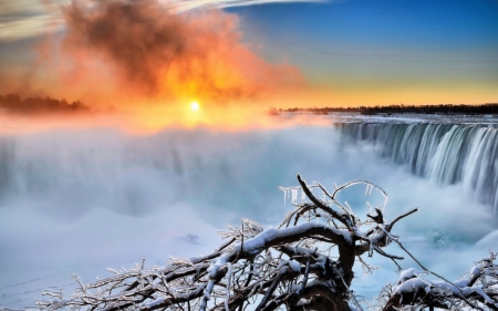 Niagara Falls - morning, nature, dawn, snow, sun, winter, waterfalls