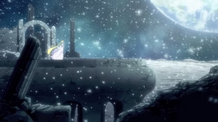 Enchanted Night - nice, princess serenity, beauty, princess, sky, female, magic, anime girl, fantasy, pretty, anime, scene, moon, girl, magical, winter, snowflakes, lovely, serenity, sailor moon, flakes, snow, beautiful, scenery, sweet, sailormoon