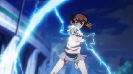 Railgun - pretty, mikoto misaka, anime, magic, light, thunder, magical, fighting, short hair, misaka mikoto, float, fight, power, nice, lighting, mikoto, anime girl, to aru kagaku no railgun, lovely, brown hair, sweet, misaka, glow, glowing, railgun