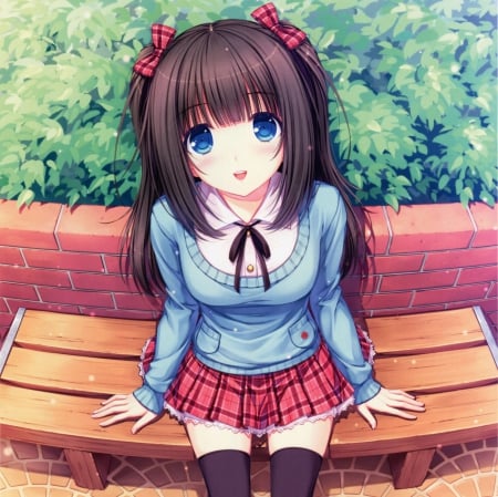 Sayori - nice, beauty, stare, female, bench, anime girl, brown hair, pretty, looking, anime, blouse, look, cute, skirt, girl, adorable, staring, blue eyes, long hair, lovely, cg, hd, kawaii, beautiful, sweet, sayori, dress