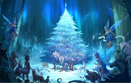 Cosfest Christmas - pretty, magic, female, scenery, scene, forest, nice, art, woods, abstract, beautiful, girl, beauty, lovely, sweet, tree, christmas, elf, fantasy, christmas tree, painting, fairy