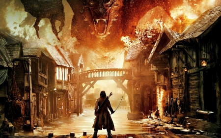 The Hobbit - The Battle of the Five Armies (2014) - thorin, poster, orange, man, fantasy, dragon, The Hobbit, movie, The Battle of the Five Armies