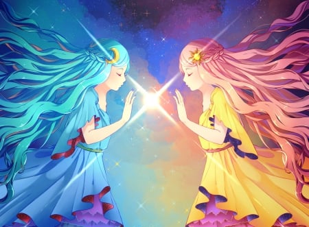 Together - nice, beauty, female, magic, anime girl, pretty, glowing, anime, girl, light, pink hair, long hair, gown, lovely, blue hair, double, glow, twins, beautiful, sweet, dress