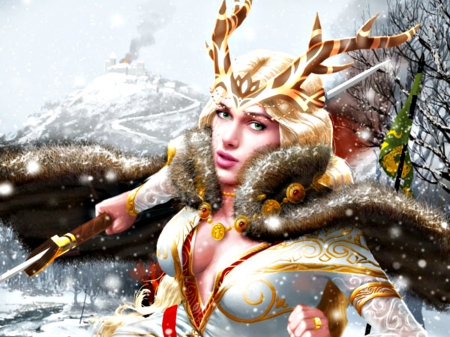 Fantasy girl - woman, bone thierry bonnet, girl, winter, fantasy, horns, white, game, snow, red, sword