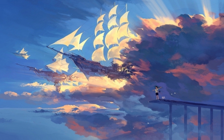 The ship - cloud, ship, anime, luminos, blue, manga, art