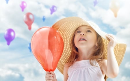 Little girl - cloud, red, sky, child, hat, balloon, girl, blue