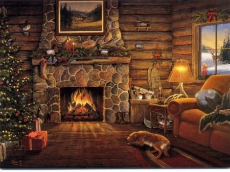 Log Cabin Christmas - fire, tree, cabin, christmas