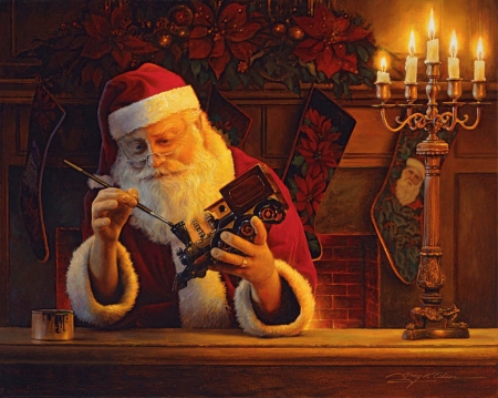 Christmas eve touch up - season, toys, candles, toy, christmas, train, paint, santa, painting, artwork