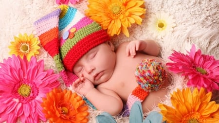 Sleeping baby - little angel - flowers, hat, little angel, sleeping baby