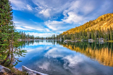 Afternoon At Mountain Lake - sky, lake, mountain, yosemite national park, sunset, ten lakes, reflections, forest, beautiful, clouds