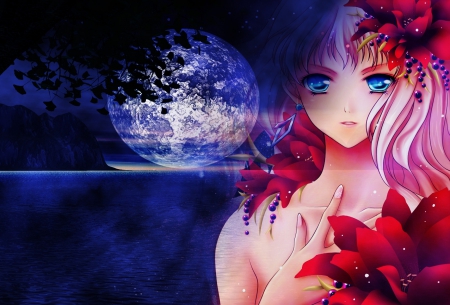 Cosmic Flower - flower, maiden, beautiful, blossom, hot, abstract, anime girl, girl, fantasy, lady, magic, pink hair, floral, pretty, beauty, sweet, anime, hd, night, cg, long hair, reflection, nice, lovely, sexy, moon, scene, female