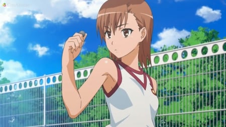 Zapper - beauty, nice, sky, female, mikoto misaka, anime girl, brown hair, pretty, cloud, anime, short hair, scene, girl, shirt, misaka mikoto, mikoto, lovely, misaka, railgun, zapper, to aru no kagaku railgun, beautiful, sweet