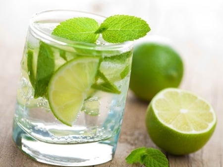 Drinks - glass, limes, water, mint, fruits, drinks