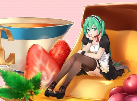 Sweet Treats - pretty, miku hatsune, female, tiny, hc, nice, strawberry, ves, berry, beauty, cg, big, cute, cup, vocaloid, anime, kawaii, cherry, dress, hatsune miku, green hair, long hair, leaves, giant, chibi, fruit, anime girl, beautiful, girl, lovely, maid, sweet, miku, huge, pudding, adorable, hatsune, vocaloids