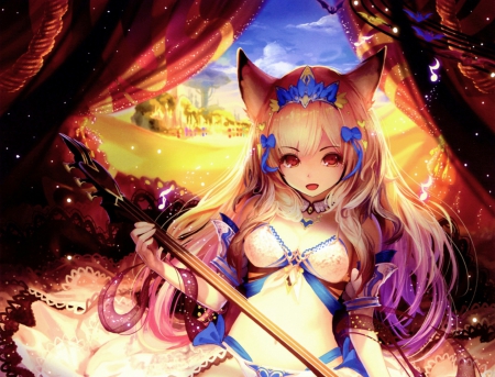 Bahamut - pretty, anime, kitsune, female, ears, scene, dress, blonde, nekomimi, blond hair, long hair, curtain, splendid, gorgeous, blond, hd, nice, anime girl, realistic, beautiful, hot, girl, blonde hair, beauty, lovely, sweet, cg, awesome, neko mimi, sexy