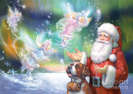 Winter fairies - winter, snowflakes, christmas, santa, digital art, dog, angels, colors, fairy