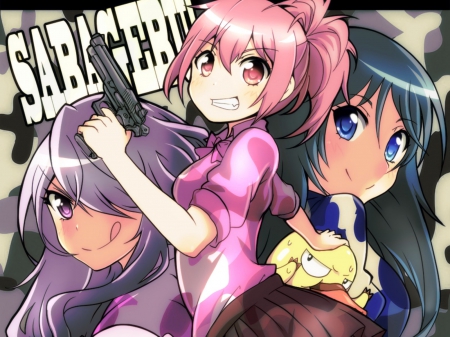 Sabagebu! - violet hair, fun, sabagebu, anime, platty, gun, pretty girls, camo, long hair, survival game club, cute girls, pony tail, momoka sonokawa, pink hair, smiling