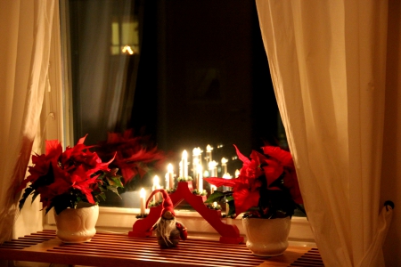 CHRISTMAS CANDLES - candles, arrangement, flowers, house, christmas, curtain