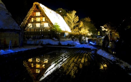 WINTER COTTAGE - cottage, reflection, snow, light, night, water, winter