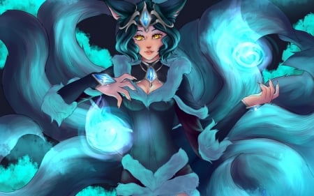 Ahri - game, princess-gretz, girl, fox, blue, art, ahri, fantasy, tails, league of legends, woman