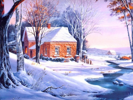 Winter houses - houses, trees, winter, creek, christmas, painting, art, cold, snow, beautiful, frost