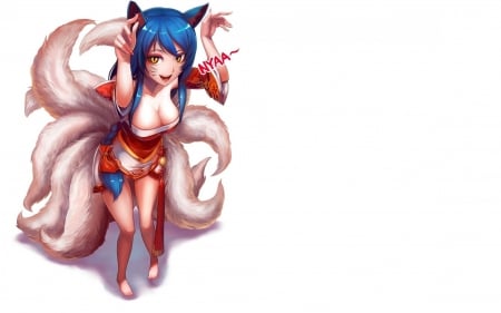 Ahri - red, game, anime, girl, fox, blue, white, ahri, fantasy, tails, league of legends