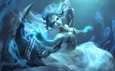 Morgana - woman, girl, fantasy, morgana, art, game, blue, league of legends, koloromuj