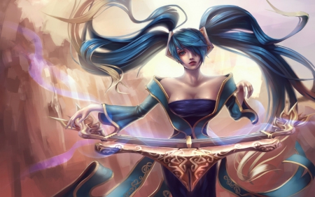 Sona - instrument, game, sona, girl, blue, daishiro, fantasy, tails, league of legends, woman