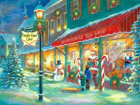 Candy cane lane - fun, joy, north pole, santa, children, sleigh, tree, gifts, snowman, toys, winter, shop, christmas, candy, village, town, snow, lane, lights