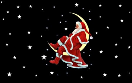 Resting on the moon - white, moon, santa, stars, red, black, fantasy, christmas