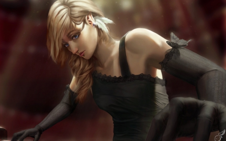 Blonde girl - woman, butterfly, girl, anime, fantasy, black, blonde