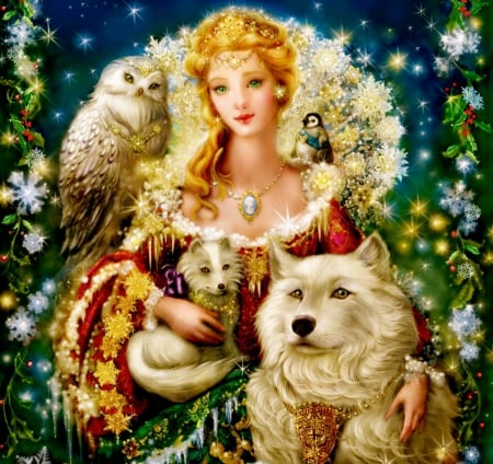 Christmas princess - owl, princess, Christmas, wolves, penguin