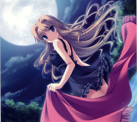 My Lady - nice, beauty, sky, female, anime girl, brown hair, gorgeous, pretty, anime, cute, scene, splendid, moon, girl, adorable, long hair, night, gown, lovely, cg, hd, kawaii, beautiful, sweet, awesome, dress