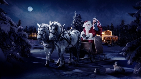 Santa - girl, santa, bag, horses