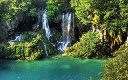 Waterfall - water, lake, trees, waterfall