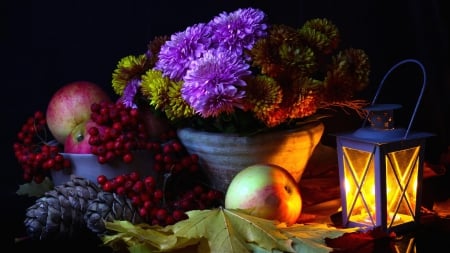 Still life with lantern - lantern, light, flowers, still life, fruit