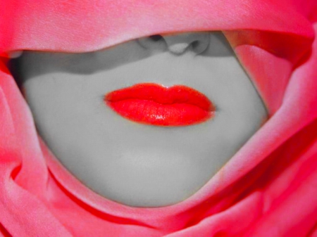 Hot Pink Lips - veil, people, photography, girl, pink, fantasy, veiled, scarf, color splash, red, digital, woman, face, black and white, art