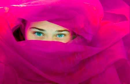 Pink Veil - woman, veil, serene, girl, photography, blue eyes, fashion, fantasy, veiled, face, beautiful, pink